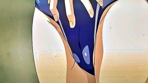 Hentai anime girl in blue swimsuit exposing shaved pussy closeup
