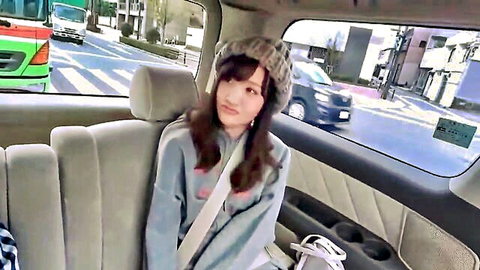 Cute Japanese amateur girl in gray hoodie and beanie in car backseat, 10musume