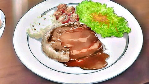 Anime-style plate of saucy steak with rice, lettuce, and cherry tomatoes