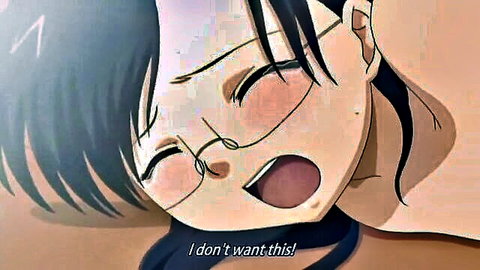 Blushing anime girl with glasses smiling in hentai scene, 'I don't want this'