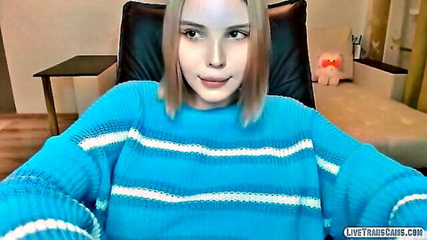 Blonde tranny teen in blue sweater on webcam