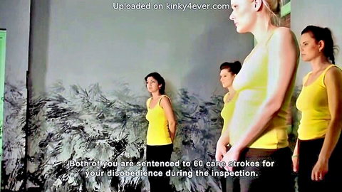 Four Caucasian women in yellow tank tops face BDSM punishment in rehab teaser