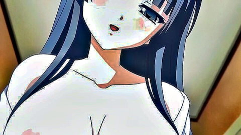 Hentai anime girl with long black hair and cleavage in white top, seductive tease