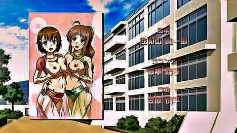 Two busty brunette hentai teens with huge tits exposed posing topless outside school