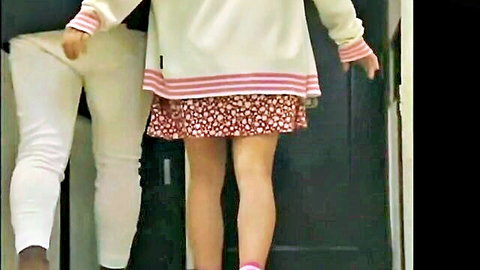 Petite Japanese girl floral skirt up bare ass stepdad white pants down ready for doggy at door