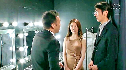 Kana Fuji in elegant beige dress flirting with boss JAV NTR scene
