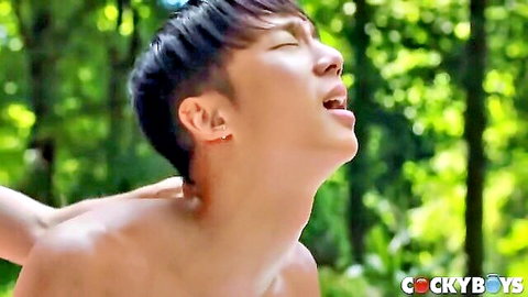 Leo Louis ecstatic face in woods during gay fuck with Dane Jaxson
