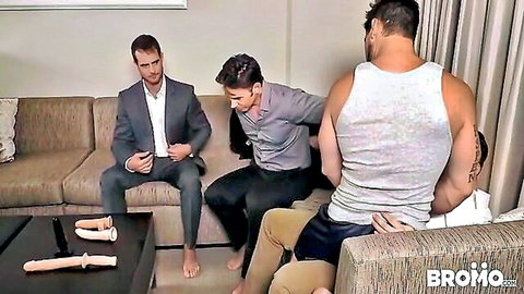Addison Graham and Evan Marco gangbang suited straight guy in gay threesome