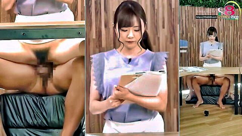JAV anchor reads script calmly as man exposes cock under desk
