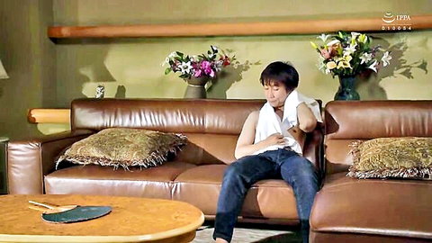 Marina Shiraishi topless in jeans, seductive pose on couch