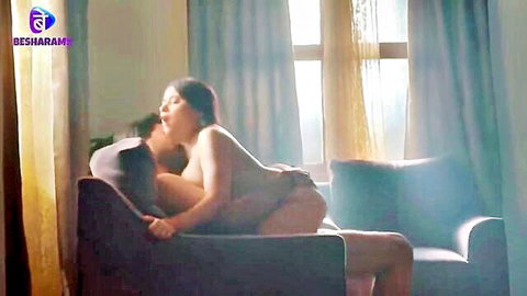 Nude Indian MILF with big tits and ass rides cock reverse cowgirl on couch