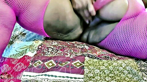 Ebony BBW with huge ass spreads thick thighs in sheer pink fishnet exposing pussy