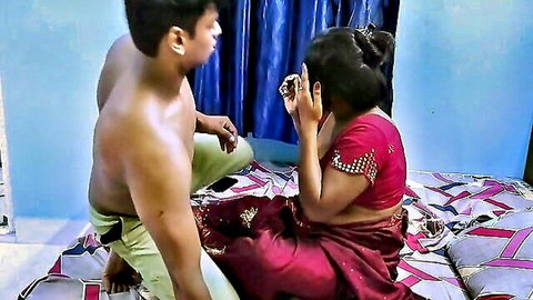 Indian bhabi in red saree shyly with stepbrother on bed