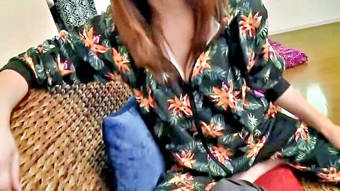 Akiho Yoshizawa in unzipped floral onesie showing cleavage, JAV tease