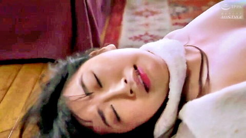 Beautiful Japanese MILF topless with white collar in home intruder scene
