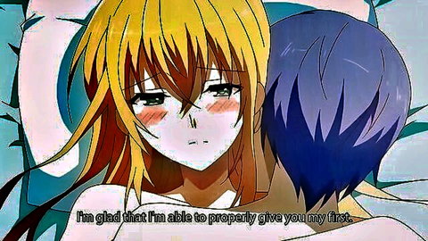 Blonde hentai girl embraces purple-haired guy, glad to give her first in ecchi scene