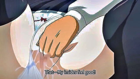Hentai anime girl in white panties with hand inside, moaning pleasure
