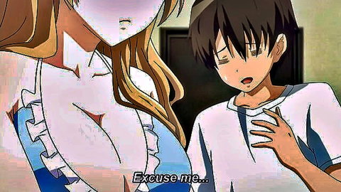 Blonde anime girl in frilly dress with big cleavage seduces embarrassed boy in hentai scene