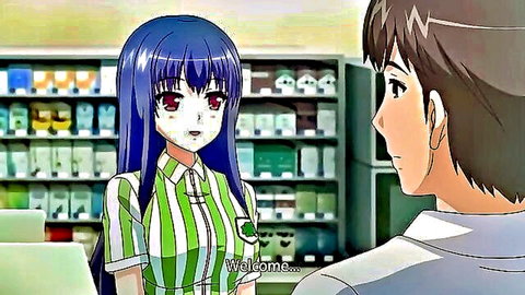 Anime blue-haired konbini clerk in striped uniform welcomes male customer in hentai video