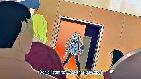 Blonde twintail hentai girl in stockings spreads legs holding swords before crowd of guys