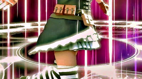 Hentai girl in frilly green skirt lifts hem teasing round ass and striped stockings