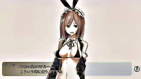 Busty hentai bunny maid with huge tits spilling from skimpy black bikini top posing seductively