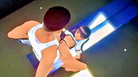 POV hentai teen with big tits in tight gym bra looks up at muscular guy's crotch bulge