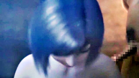 Blue-haired hentai girl with open mouth in close-up POV blowjob tease