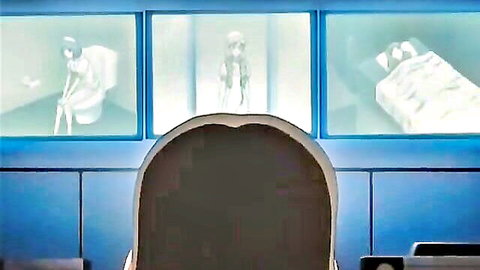 Hentai screens showing anime girl squatting on toilet legs spread, standing woman in white, and girl lying in bed from chair view