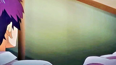 Purple-haired anime hentai girl in sailor uniform side profile in green dorm room