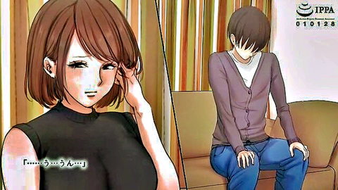 Konno Ayaka brown-haired woman chats with young man in hentai scene