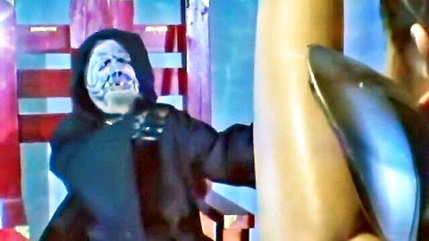Japanese warrior heroine bound in Aoh BDSM with masked tormentor