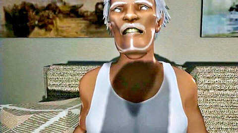 Animated mature housewife with white hair in tank top, hentai style