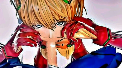 Asuka in red plugsuit teasing crotch in 3D hentai animation