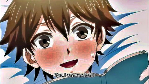 Blushing anime boy with glasses peeking excitedly at book in hentai animation