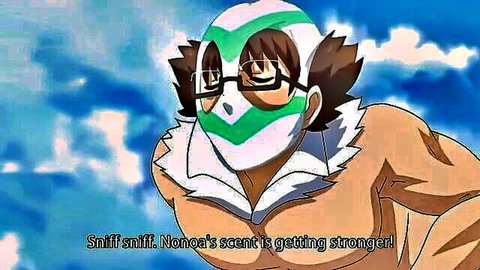 Hentai masked muscular character sniffing Nooa's scent in Nuki Doki anime