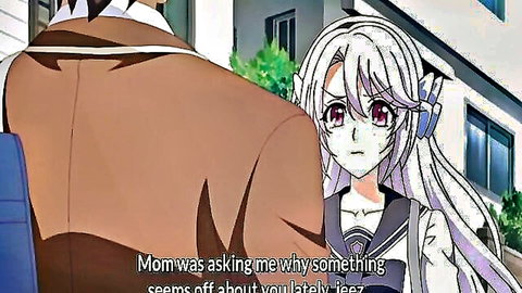 Anime hentai scene of suited man embracing white-haired schoolgirl from behind, incest theme