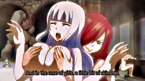 Erza Scarlet hentai skinship with female partner groping big tits