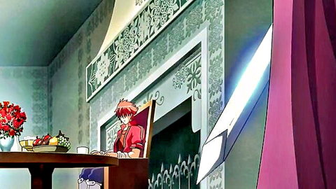 Busty redhead anime girl in red dress at table in Kyonyuu Fantasy hentai