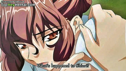 Busty anime teacher Shiro surprised in hentai scene, brown hair and white blouse