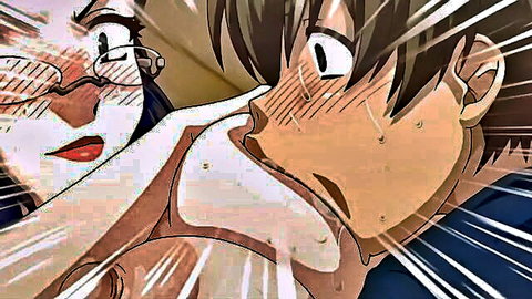 Hentai girl with glasses intensely touching guy's nose in teasing scene