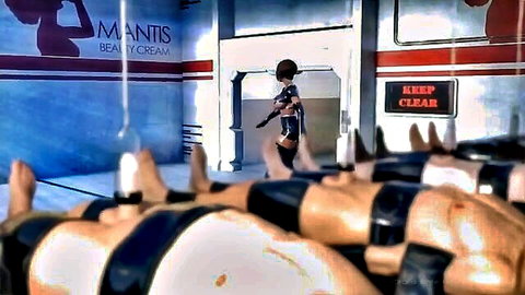 Kinky latex mistress walks in hentai factory with nude limbs display