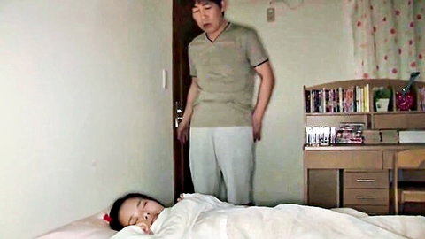 Stepfather watches sleeping stepdaughter in bed, JAV incest tease
