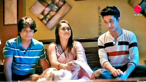 Indian threesome preview: curvy woman in pink saree with two young men