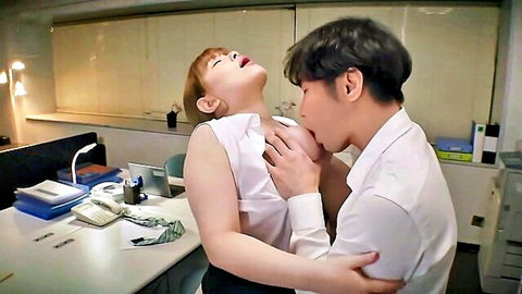 Nina Nishimura in JAV office scene, passionate neck kiss embrace