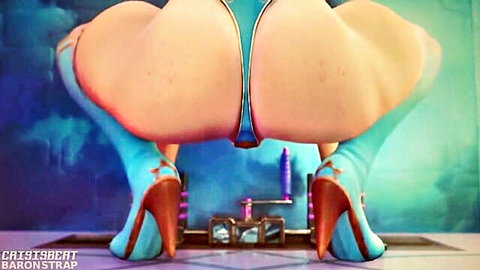 Hentai babe with huge ass in blue thong and heels, bending over seductively