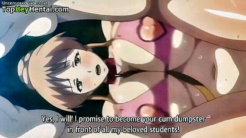 Hentai teacher with curvy body in pink bikini promises to be cum dumpster for students