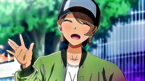 Cute hentai busty babe in green jacket and cap winking playfully