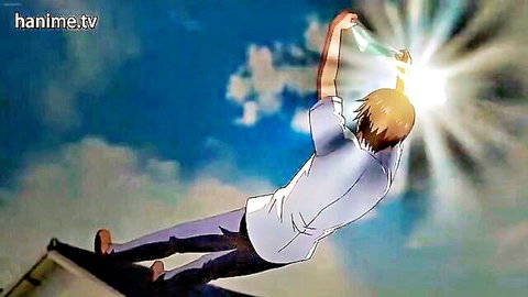 Anime boy in white shirt holding glowing green object in hentai scene from Nuki Doki! Revolution 3