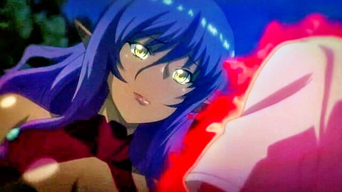 Seductive blue-haired elf in revealing red dress from Youkoso! Sukebe Elf No Mori E hentai